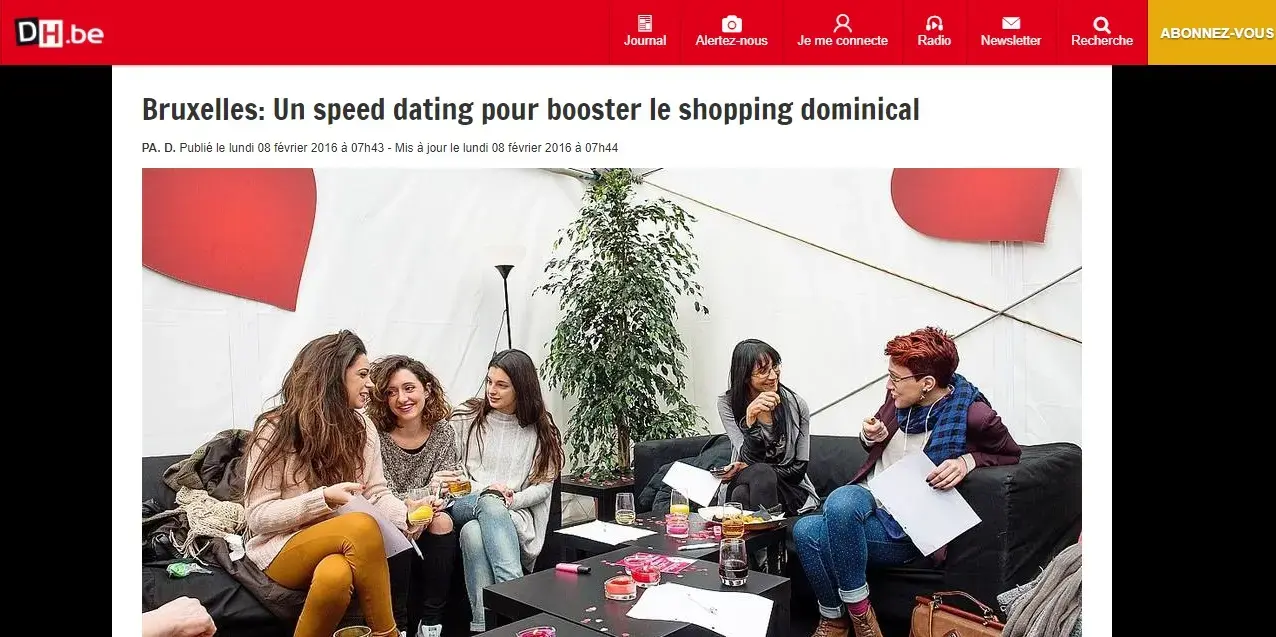 Article de presse consacré à un speed-dating géant organisé par Date-Love à Bruxelles